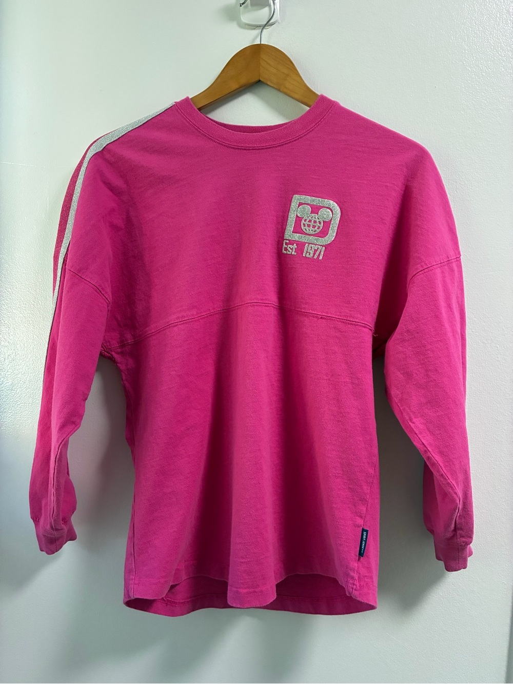 Disney Spirit Jersey Bright Pink Long Sleeve Tee with Silver Stripe Detail